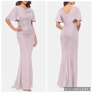 Betsy & Adam Quicksilver Flutter Sleeve Trumpet Gown Pink Silver 14